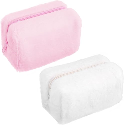 HINZIC 2 bolsas de maquillaje para bolso bolsas de maquillaje peludas rosas para mujeres y niñas bolsa de cosméticos esponjosa blanca estética