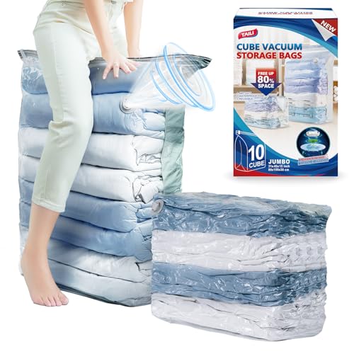 Image of TAILI 10 Pack Vacuum Storage Bags, Jumbo Cube Space Saver Bags (31x40x15 Inch), Extra Large Vacuum Sealer Bags for Comforters Blankets Bedding Clothing, Closet Organizer, Cream | XL Large Vacuum Seal Bags for Clothing, Comforters, Blankets, Bedding, Space Saver No Pump Compression Cube