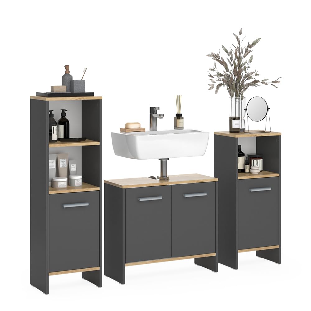 Vicco Set di mobili da bagno Karli, Antracite/Rovere dorato, 131.4 cm, composto da mobile sottolavabo, specchiera e colonna alta
