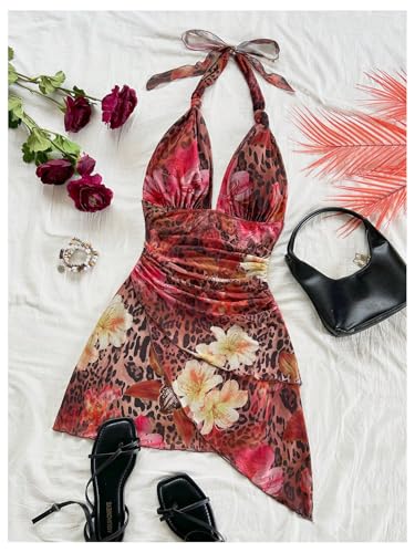 Image of SOLY HUX Women's Y2K Summer Beach Halter Mini Dress | Retro Floral Dress, V Neck, Backless, Club Nightout, Sexy Going Out Clothes, Birthday Dress