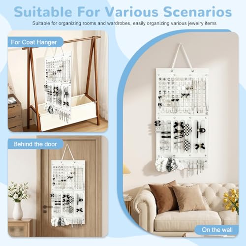 Image of HASTHIP Felt Hanging Earrings Organizer Hair Bows Clips Hair Accessory Organiser, Multifunction Jewelry Display Rack with Earring Holder Panel, Necklace Hooks and Sunglass Slots for Door Wall Closet