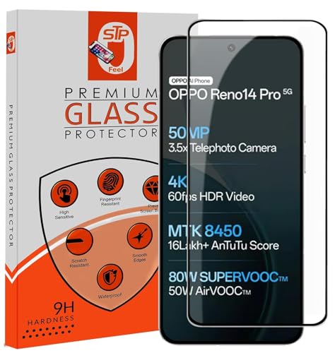 Image of STP FEEL Premium HD+ Tempered Glass Screen Protector Guard Compatible For Oppo Reno 14 Pro 5G (6.83 Inch, Pack of 1) | Edge to Edge Coverage With Easy to installation kit for Smartphone