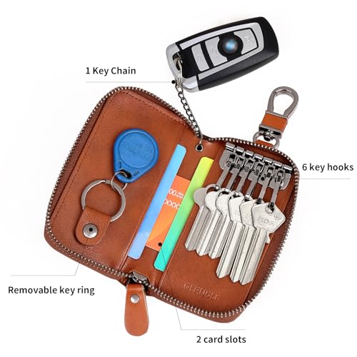 Leather Key Holder Case - Zippered Key Organizer Wallet, Cash Leather Case Wallet with 6 Hooks,1 Removable key ring& 1 Keychain for Card - Gift for Men Women (Brown)2
