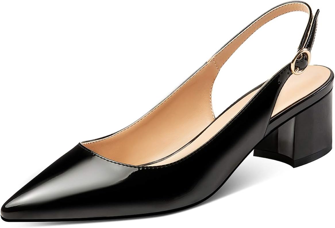 Pointed Toe Pumps, Block Heel Slingback with Bukles, Classic 2" Low Heel for Wedding Party Office Work US5-US13