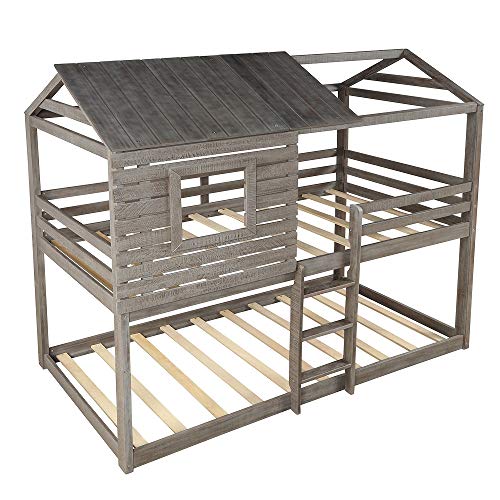 Meritline Low Bunk Beds Twin Over Twin Size, Wood Bunk Beds With Roof And Guard Rail For Kids, No Box Spring Needed (Rustic Grey Bunk Beds) #TOP2