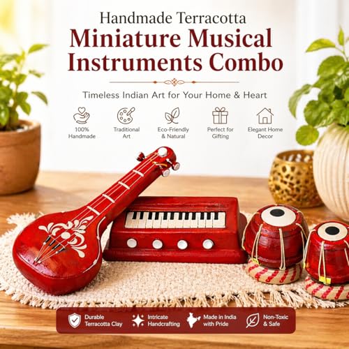 Image of Premium Terracotta Clay Miniature Musical Instruments Combo | Handmade Clay Tabla Veena Harmonium Showpiece for Home Decor, Return Gift, Table Decoration, Indian Handicraft (Large)