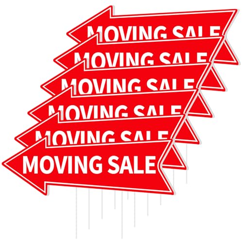 6PCS Moving Sale Signs with Stakes Double Sided Red Moving Sale Directional Arrow Yard Signs 16 x 5 Corrugated Plastic Waterproof Sign for Garage House Business Personal Use Transaction Event Signs