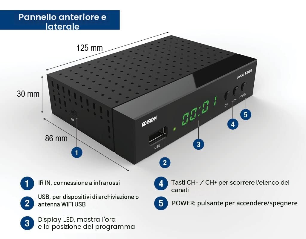 EDISION PICCO T265 Decoder Digitale Terrestre 2024 Full HD DVBT2 H265 HEVC 10 Bit Bonus TV, FTA, USB, HDMI, SCART, Sensore IR, Supporto USB WiFi, Telecomando Universale 2in1, Main 10