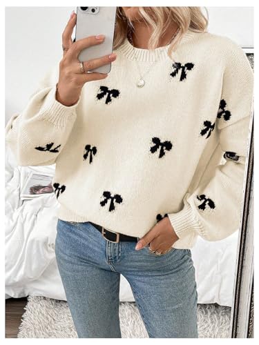 Image of BEAUDRM Women's Y2K Bow Print Sweater Crewneck Long Sleeve Drop Shoulder Knit Pullovers Sweaters Beige Large