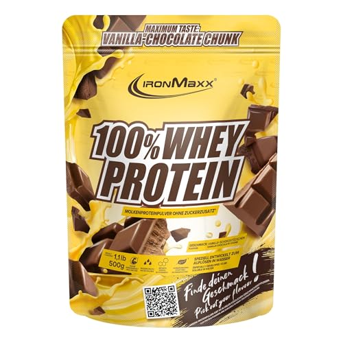 IronMaxx 100% Whey Protein en polvo 500 g - Vanilla Chocolate Chunk | Batido de proteínas cremoso con BCAA y EAA | Alto contenido en proteínas, bajo en carbohidratos y bajo en azúcar