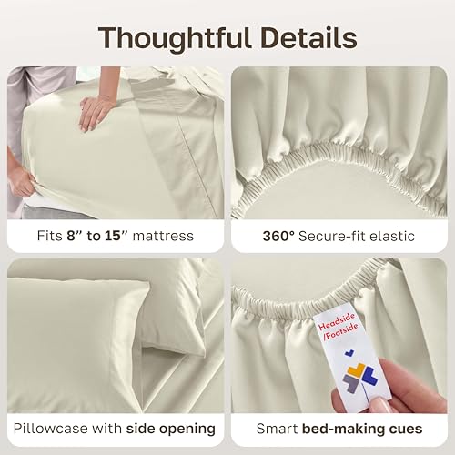 Image of California Design Den Twin Size Sheet Set - 100% Cotton, 500 Thread Count Sateen, Deep Pocket Bed Sheets with Fitted Elastic Sheet, Extra Soft Luxury - Ivory (Creamy Beige Tone)