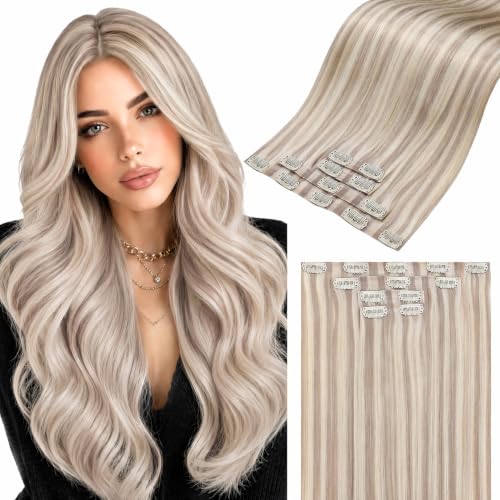 Image of LaaVoo Seamless Clip in Hair Extensions Human Hair Blonde Highlight Seamless Clip in Human Hair Extensions Invisible PU Weft Human Hair Clip ins Extension 18inch 4PCS 95g