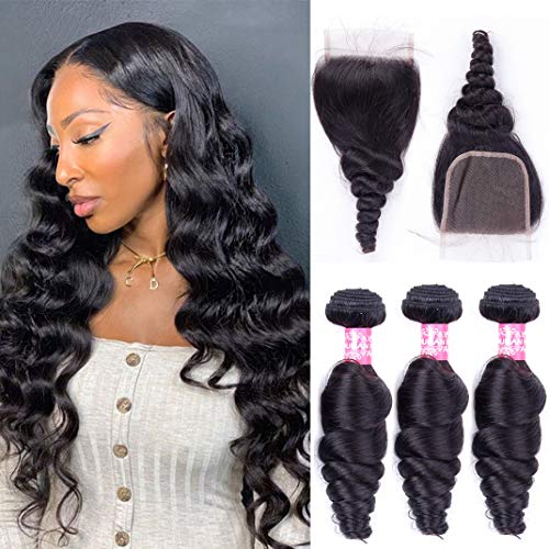 Brazilian Loose Wave Hair Bundles with Closure 16 18 20+14 Closure 100% Unprocessed 8A Brazilian Loose Wave Human Hair Bundles with Free Part Lace Closure Natural Color