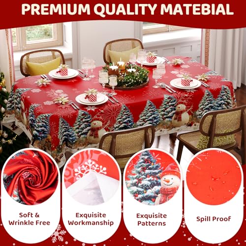 Christmas Tablecloth Rectangle 60x84 Inch, Red Snowman & Pine Tree Table Cloth, Winter Snow Scene Holiday Rectangular Table Cover, Waterproof and Washable Xmas Dining Room Decoration – Image 5