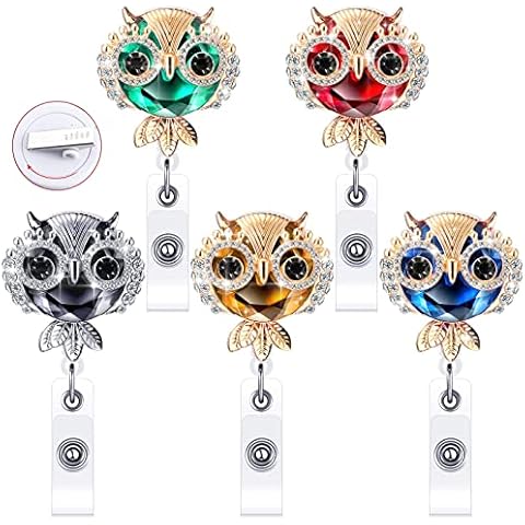 5 Pieces Cute Owl Bling Rhinestone Retractable Badge Holders Animal ID Name Card Funny Nurse Badge Reel with Clip for Belt Volunteer Teacher Student Staff Cover