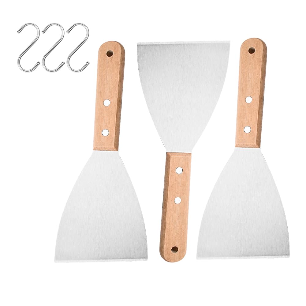 Bnpokun 3 Piece Grill Grill Tray Spatula Stainless Steel Multifunctional Metal Grill Spatula Pizza Teppanyaki Grill Family Gathering Cooking Beveled Edge Spatula Frying Steak Pork Chop Chicken Chop