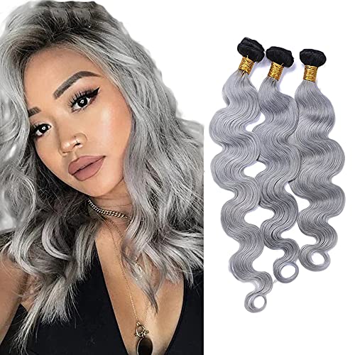 Freiuoke Human Hair Bundles Ombre Body Wave 1B Grey Bundles 3/4 Pieces Grey Brazilian Hair 100% Ombre Human Hair Remy Weave Dark Roots Gray Hair 16 18 20 Inch