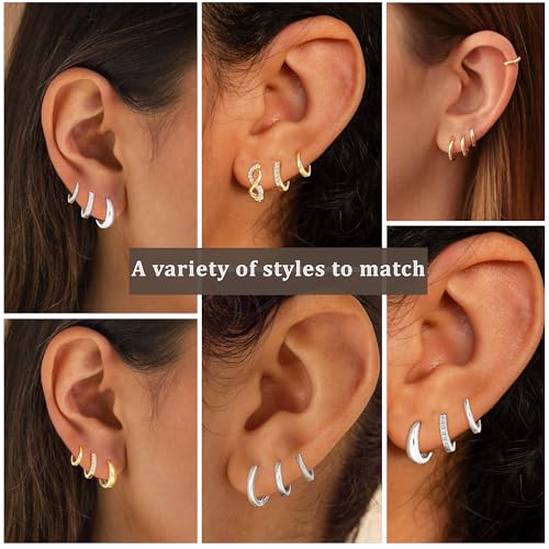3 Pairs 925 Sterling Silver Earrings for Women Non Tarnish Small Hypoallergenic Huggie Hoop Earrings Cartilage Hoops Stackable Earring Stacks Sets for Multiple Piercing4