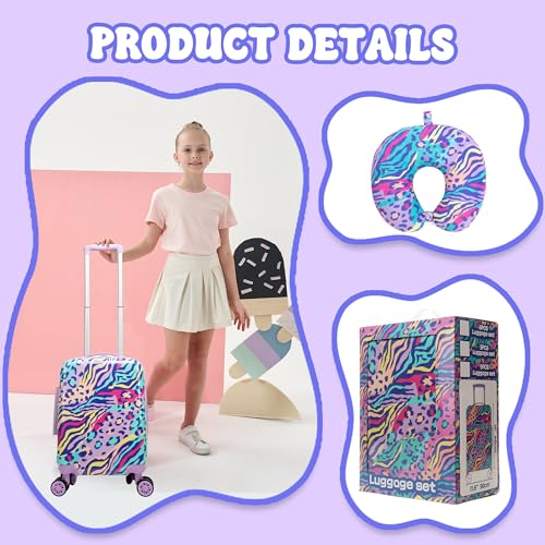 Image of Kids Carry on Luggage Sets 2 Piece Rolling Suitcases for Girls Women with Wheels Suitcase with Travel Pillow Airplane Approved