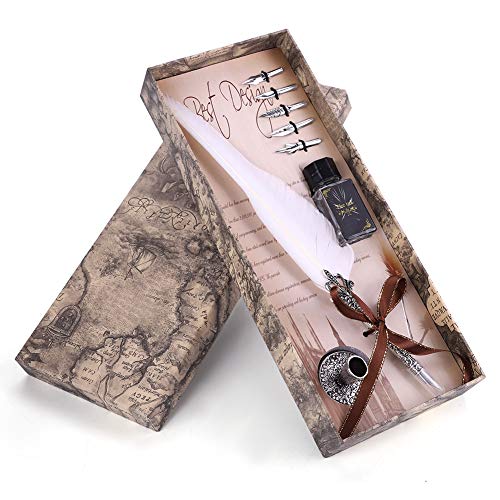 Stylo plume cadeau rétro Mugast blanc avec lot de 5 plumes de décoration