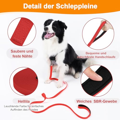 X XBEN Wasserfest Schleppleine für Hunde, 5M Gummierte Schleppleine mit Abschließbarer Karabine,Hundeleine Laufleine für Kleine Mittlere Große Hunde,Robuste Trainingsleine,mit Handschlaufe, Rot