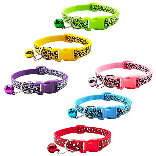 Small Dog Puppy Pet Collar Leopard Animal Print Design with Bell Nylon Adjustable Size 19-32cm Yellow - Image 3