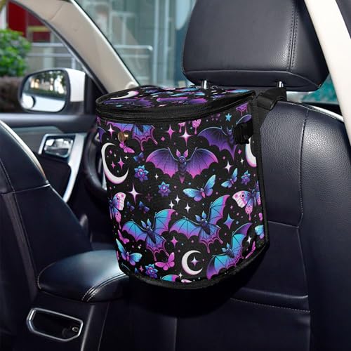Image of MNSRUU Car Trash Can with Lid, Neon Purple and Bats Stars and Moons Car Trash Bag Hanging Organizers and Storage for Front Back Seat, Leak-Proof Trash Bin