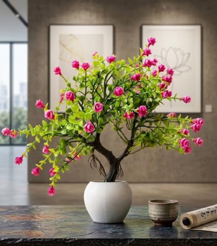 Image of Artificial Pink Flower Bonsai Plant In White Pot , Faux Plant For Home Decoration , Living Room Decoration , Indoor Plant , Flower Pot For Garden , Tabletop Decor , Gift Item , Indoor & Outdoor Decor