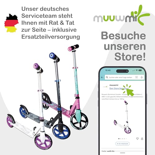 muuwmi Aluminium Scooter Neon - 125 mm R&auml;der - ABEC 5 Lager - H&ouml;henverstellbarer Lenker - Geeignet f&uuml;r Kinder - GS-Zertifiziert - Bis zu 100 kg - mit Leuchtrollen - Tretroller in gr&uuml;n-schwarz