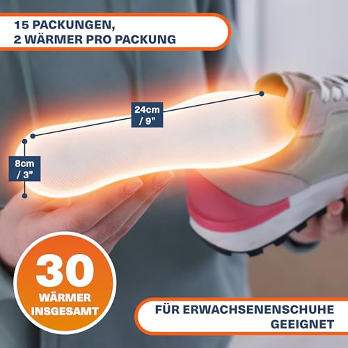 Bramble – Fußsohlenwärmer (15 Paar, 30 insgesamt) – Vollflächige Fußwärmsohlen für Schuhe und Stiefel – Luftaktiviert und geruchsfrei – Bis zu 10 Stunden Wärme