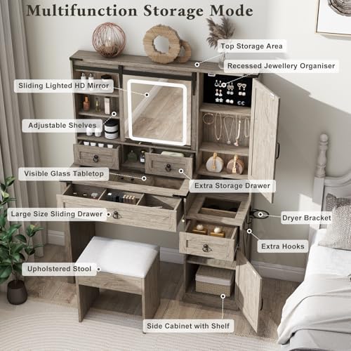 Image of Farmhouse Makeup Vanity Desk with Sliding Mirror and Lights, 42 Wood Vanity Table Set with Glass Top, Power Outlets, Jewelry Storage Cabinet, 4 Drawers, Stool for Country Room Decor, Rustic Oak