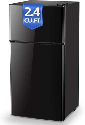 Refrigerador negro de capacidad de 2.4 pies cúbicos con congelador de doble puerta, mini refrigerador de apartamento pequeño con 7 controles de