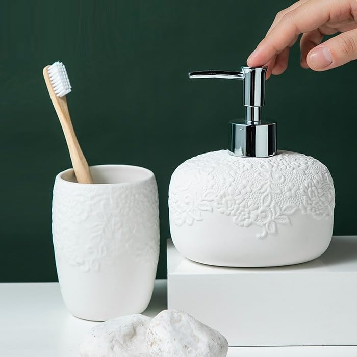 4-częściowy zestaw łazienkowy dozownika mydła, ceramiczny zestaw akcesoriów łazienkowych, zawiera dozownik mydła, mydelniczkę, zestaw kubków do płukania jamy ustnej dla dorosłych dzieci
