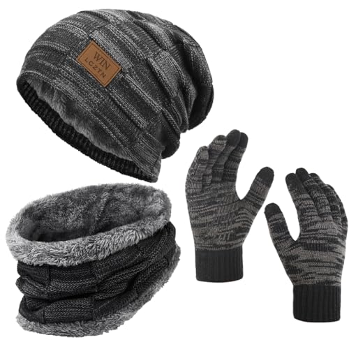 LCZTN FASHION Mens Winter Beanie Hat Scarf Touchscreen Gloves Set Warm Fleece Lined Knit Ski Hats Slouchy Skull Cap for Unisex (Black One Size)