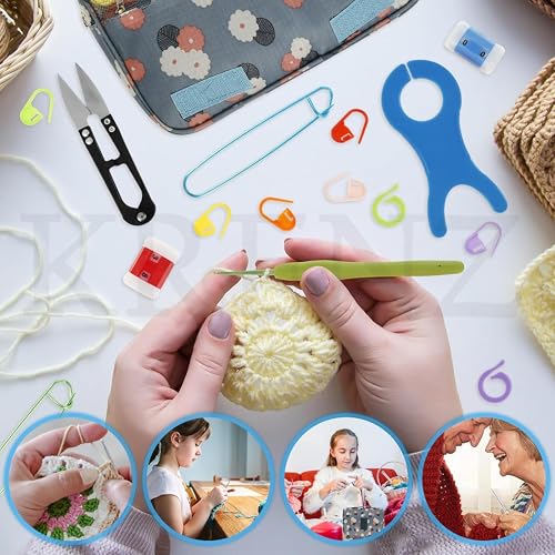 Image of KRENZ 130 Pcs Premium Crochet Knitting Kit for Beginners Crochet Kit Set with Yarn, Hooks, Needles & Tools in Carry Bag Floral Hanging Storage Bag DIY Knitting Craft Starter Set for Adults & Kids
