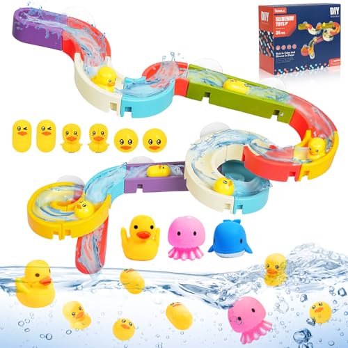 Ainiv 37PCS Juguetes Bañera Bebe, Incluye 3 Baño Toys con Chorro de Agua, Juguetes Baño con Tobogán Acuático con Ventosas, Divertidos Regalos para Niños y Niñas de 3, 4, 5 y 6 Años