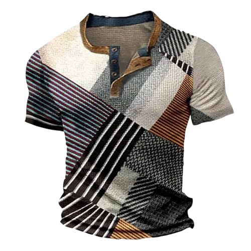 Mens Distressed Henley Shirts 1/4 Knit Short Sleeve Button T-Shirts Summer Casual Vintage Colorblock Printed Tee Tops