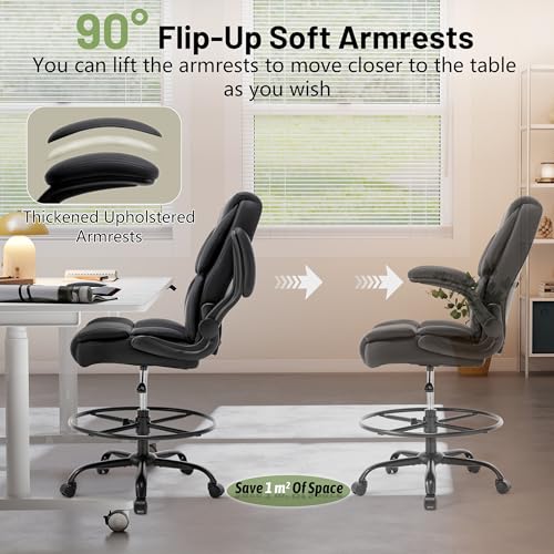 Image of 500LBS Drafting Chair, High Back Safer Standing Desk Chair, Executive Tall Office Chair with Flip-up Armrests, Upholstered PU Leather Task Chair, Ergonomic Seat with Adjustable Height&Foot Ring, Black
