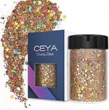 Ceya Holographic Chunky Glitter, 4.9oz/ 140g Gold Craft Glitter Powder Mixed Chunky & Fine Flakes Iridescent Nail Sequins for Nail Art, Hair, Epoxy Resin, Tumblers, Slime, Painting, Festival Decor