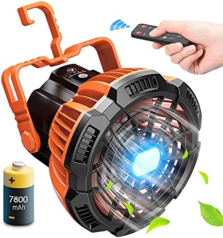 Camping Fan with LED Lantern, Portable Tent Fan with Remote Control, 25H Working Time, Rechargeable Battery Operated Powered Fan, 180°Head Rotation, Outdoor travel Fan, Ceiling Fan for Outdoor, Indoor
