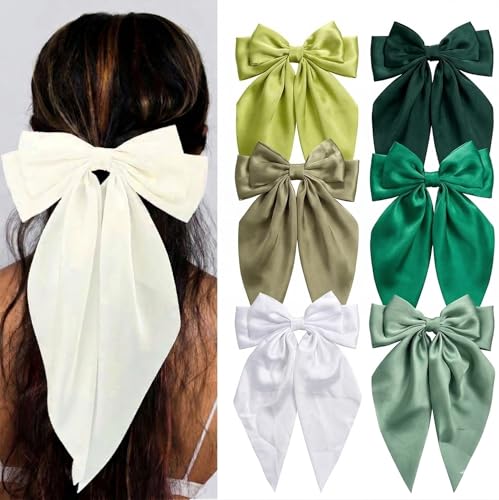 Silky Satin Hair Bows, Oversized Long Tail Bows with Barrette Clips, Coquette Hair Accessories for Women and Girls (Lime-Olive-White-Forest-Jade-Mint)