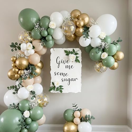Image of RUBFAC Sage Green White Gold Balloon Garland Arch Kit 129pcs Different Sizes Pack of 18 12 10 5 Inch, Latex Sand White Cream Confetti Gold Balloon Garland Arch Kit for Birthday Engagement Wedding