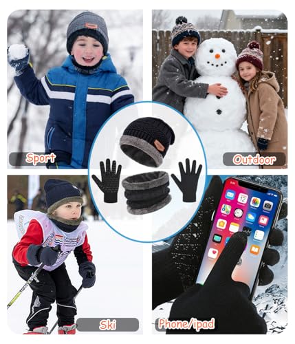Image of Kids Winter Hat Scarf&Touchscreen Gloves Set,Knitted Beanie with Fleece Lining, Neck Warmer for Boys Girls 4-15 Years