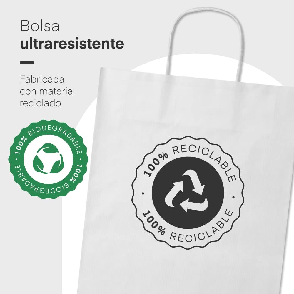 100 Bolsas papel kraft personalizadas bolsas de papel con asas bolsa de papel personalizable con el logo de tu negocio muy resistentes (Blanco, 18x8x24)