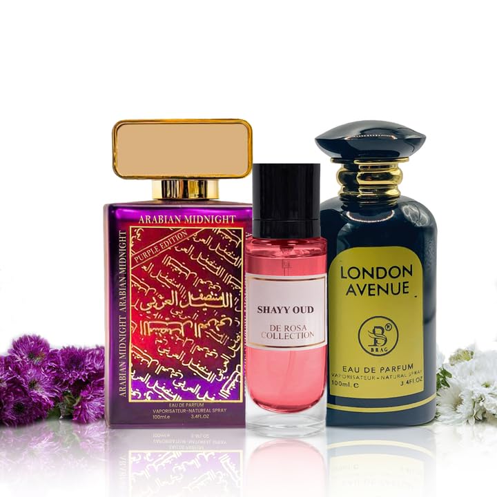 Pack of 3 London Avenue 100ml + Midnight Purple 100ml + Shayy Oud 30ml | Perfumes for Men and Women | Long Lasting Arabic Perfume | Women’s and Men’s Fragrances | عطر نسائي | عطور للرجال