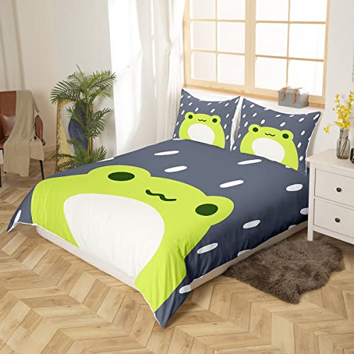 Loussiesd Cartoon Frog Duvet Cover 3D Animals Comforter Cover Rain Cute Animal Frog Green Gray Bedding Set For Kids Adults Bedspread Cover Ultra Soft King Size Zipper - Image 2
