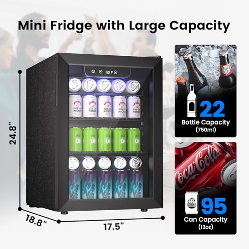 Wine Cooler, 26 Bottle 95 Can Mini Wine Fridge with Clear Glass Door for Beer Soda Water Drink, Small Wine Cellar Beverage Refrigerator for Bedroom Office Home Bar Dorm, 2.6 Cu.Ft - Image 3