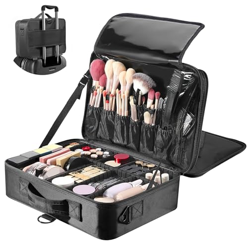 Luxspire Borsa Cosmetica con Specchio, Borsetto Cosmetico Portatile Professionale con Tracolla per Viaggio, Artisti Bagaglio Spazzole Borsa Bagaglio Organizer Tool con Divisor Regolabili - Nero
