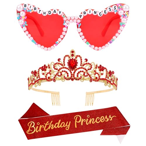 VELSCRUN Red Birthday Princess Glasses, Birthday Princess Sash Tiara Crown for Women Girls, 3 Pcs Elegant Tiaras Crowns Hair Accessories Happy Birth Party Decorations Girls Gifts