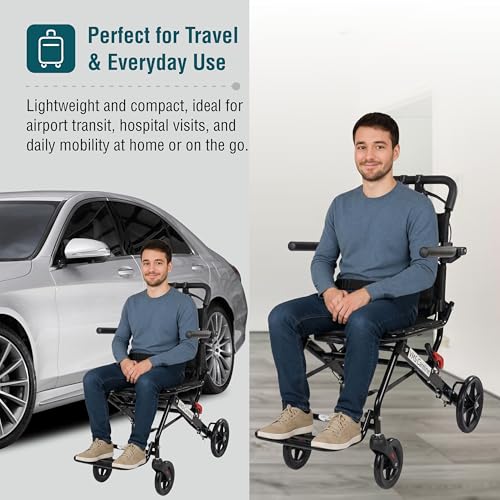 Image of VMS Careline Airlite Lightweight Foldable Travel Wheelchair for Elderly & Patients | Ultra-Light 8.2kg Portable Steel Frame | Attendant Brake, Adjustable Seat Belt & Carry Bag | Compact Transit Wheelchair | 100kg Capacity